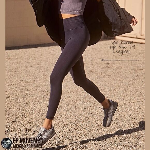 FP MOVEMENT GREY GREAT KARMA CROP TANK + BLACK GOOD KARMA HIGH-RISE LEGGINGS M/L - Picture 9 of 13